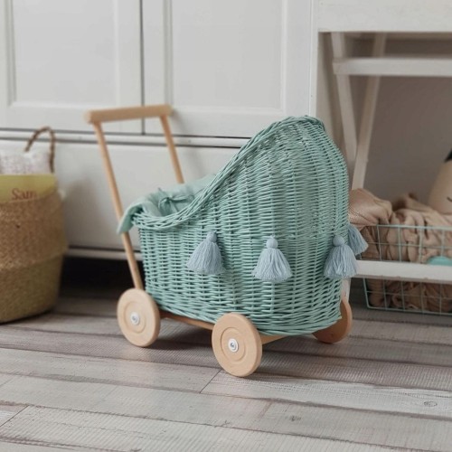 WEIDENPUPPENWAGEN MIT BETTWÄSCHE