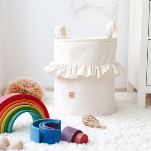 SAMT KORB FÜR SPIELZEUG MIT RÜSCHE CREME PERLE