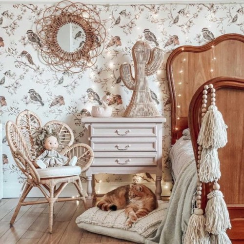 TAPETE VÖGEL WEISS-GRAU